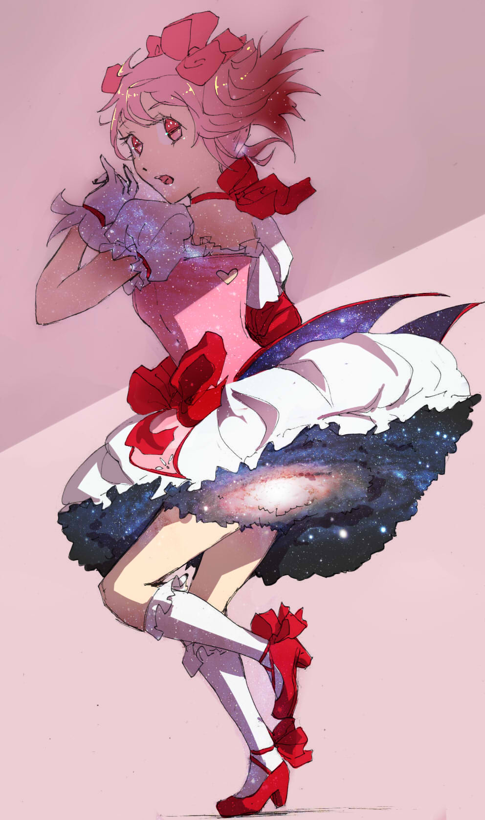 1girl, ankle_ribbon, backlighting, bobby_socks, bow, bubble_skirt, choker, clothing_cutout, cross-laced_footwear, dot_nose, double_exposure, edwin-kun, eyebrows_visible_through_hair, eyelashes, foot_up, frilled_skirt, frilled_sleeves, frills, full_body, galaxy, gloves, hair_ribbon, hand_up, heart_cutout, highres, kaname_madoka, looking_at_viewer, looking_back, mahou_shoujo_madoka_magica, messy_hair, nebula, parted_lips, pink_background, pink_eyes, pink_hair, pink_ribbon, puffy_short_sleeves, puffy_sleeves, red_bow, red_footwear, red_ribbon, ribbon, ribbon_choker, shade, shadow, shiny, shiny_hair, shoes, short_sleeves, simple_background, skirt, sky, socks, solo, space, standing, standing_on_one_leg, star_(sky), starry_sky, waist_bow, white_gloves, white_legwear, white_skirt, wide-eyed