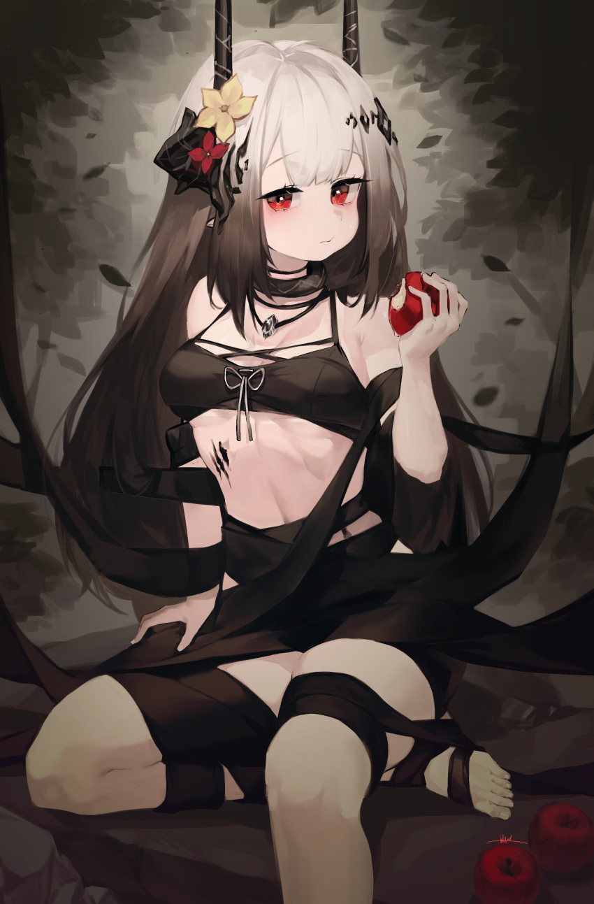 1girl, absurdres, apple, arknights, bangs, bikini, black_bikini, black_choker