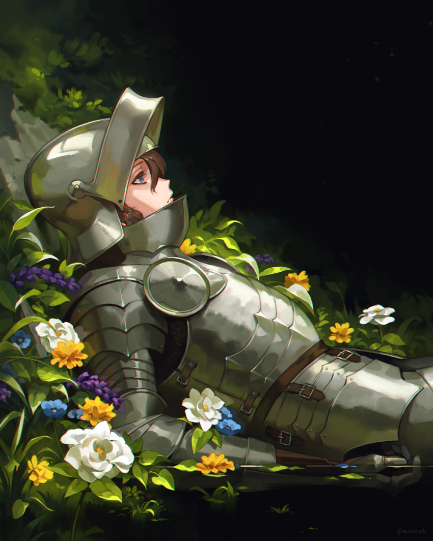 1girl, armor, bangs, black_background, blue_flower, blurry, breastplate, brown_hair