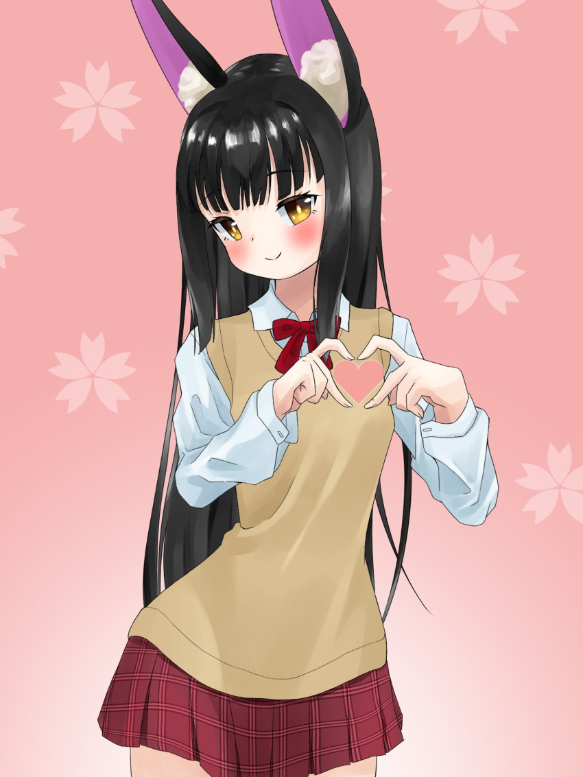 1girl, alternate_costume, animal_ears, azur_lane, bangs, black_hair, blunt_bangs, blush, bow, bowtie, cherry_blossom_print, collared_shirt, commentary_request, contemporary, eyebrows_visible_through_hair, floral_print, fox_ears, heart, heart_hands, highres, leaning_forward, long_hair, long_sleeves, looking_at_viewer, marimo_daifuku, nagato_(azur_lane), pink_background, plaid, plaid_skirt, pleated_skirt, red_skirt, school_uniform, shirt, sidelocks, simple_background, skirt, smile, solo, sweater_vest, white_shirt, yellow_eyes