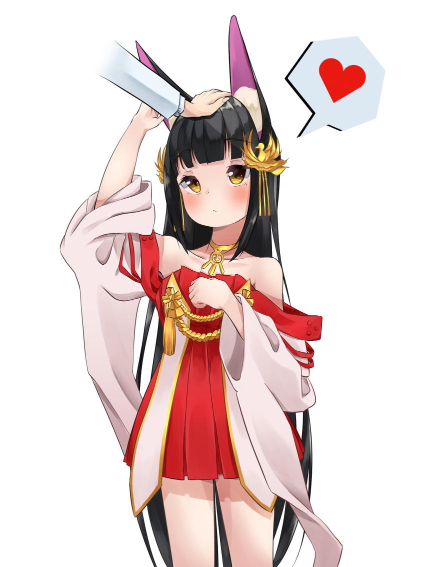1girl, animal_ears, azur_lane, bangs, bare_shoulders, black_hair, blunt_bangs, commander_(azur_lane), commentary_request, detached_sleeves, dress, eyebrows_visible_through_hair, fox_ears, hair_ornament, headpat, heart, highres, jewelry, long_hair, looking_at_another, marimo_daifuku, military, military_uniform, nagato_(azur_lane), naval_uniform, necklace, off-shoulder_dress, off_shoulder, out_of_frame, red_dress, sidelocks, simple_background, solo, spoken_heart, uniform, white_background, wide_sleeves, yellow_eyes