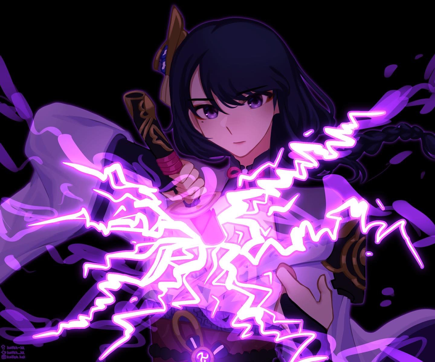1girl, armor, bangs, black_background, braid, breasts, bridal_gauntlets, closed_mouth, commentary, electricity, english_commentary, eyeliner, genshin_impact, hair_ornament, holding, holding_sword, holding_weapon, japanese_clothes, kimono, koifish_kk, long_hair, long_sleeves, looking_at_viewer, makeup, mole, mole_under_eye, purple_hair, raiden_(genshin_impact), ribbon, sash, shoulder_armor, simple_background, solo, sword, violet_eyes, weapon, wide_sleeves