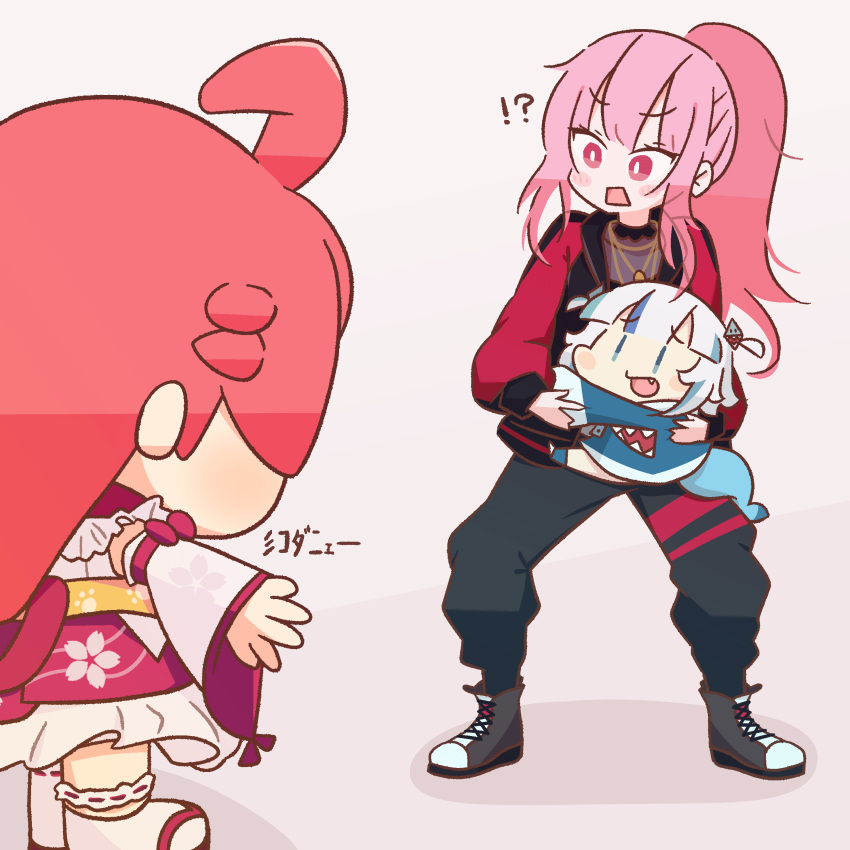 !?, 3girls, absurdres, ahoge, black_footwear, black_jacket, black_pants, blue_eyes