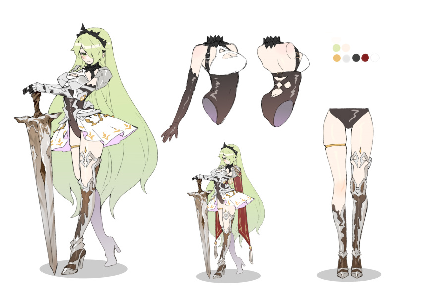 1girl, blush, breasts, bugie, character_sheet, commission, commissioner_upload, del_(dendroai), full_body, gloves, greatsword, green_eyes, green_hair, high_heels, highres, large_breasts, long_hair, looking_at_viewer, multiple_views, original, sword, weapon