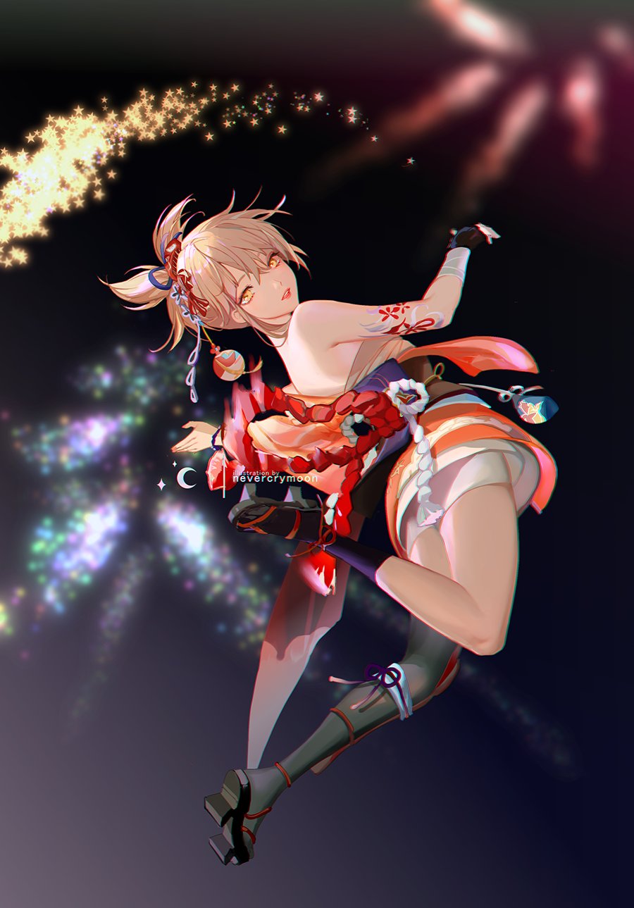 1girl, arm_tattoo, bandages, fingerless_gloves, firework_background, fireworks, flower_tattoo, genshin_impact, gloves, hadanugi_dousa, highres, japanese_clothes, kimono, looking_at_viewer, nevercrymoon, open_mouth, orange_kimono, sarashi, single_fingerless_glove, solo, tattoo, teeth, tied_hair, yoimiya_(genshin_impact)