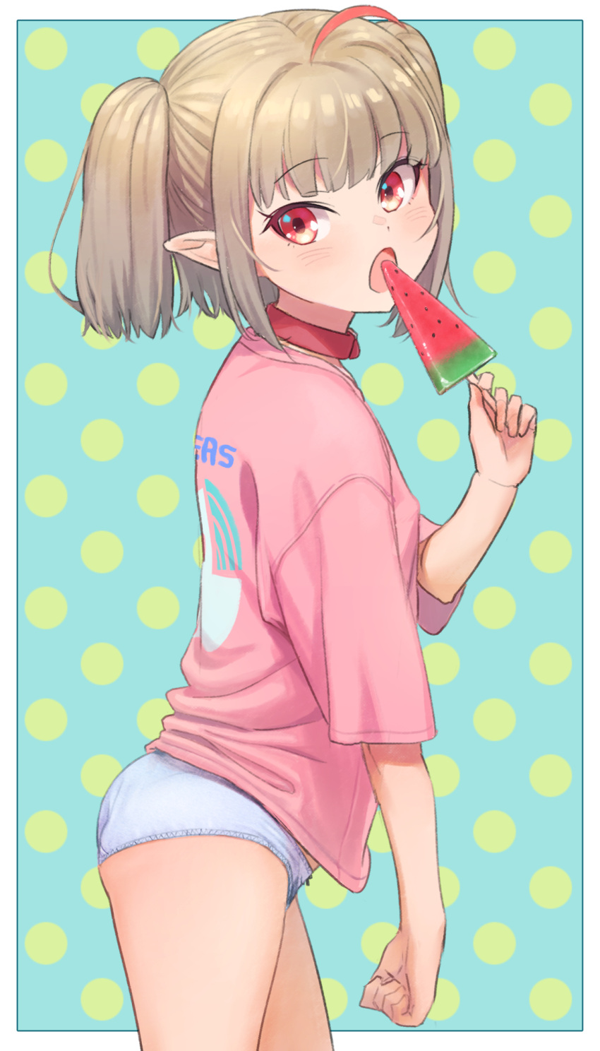 1girl, ahoge, ass, blush, border, collar, cowboy_shot, dotted_background