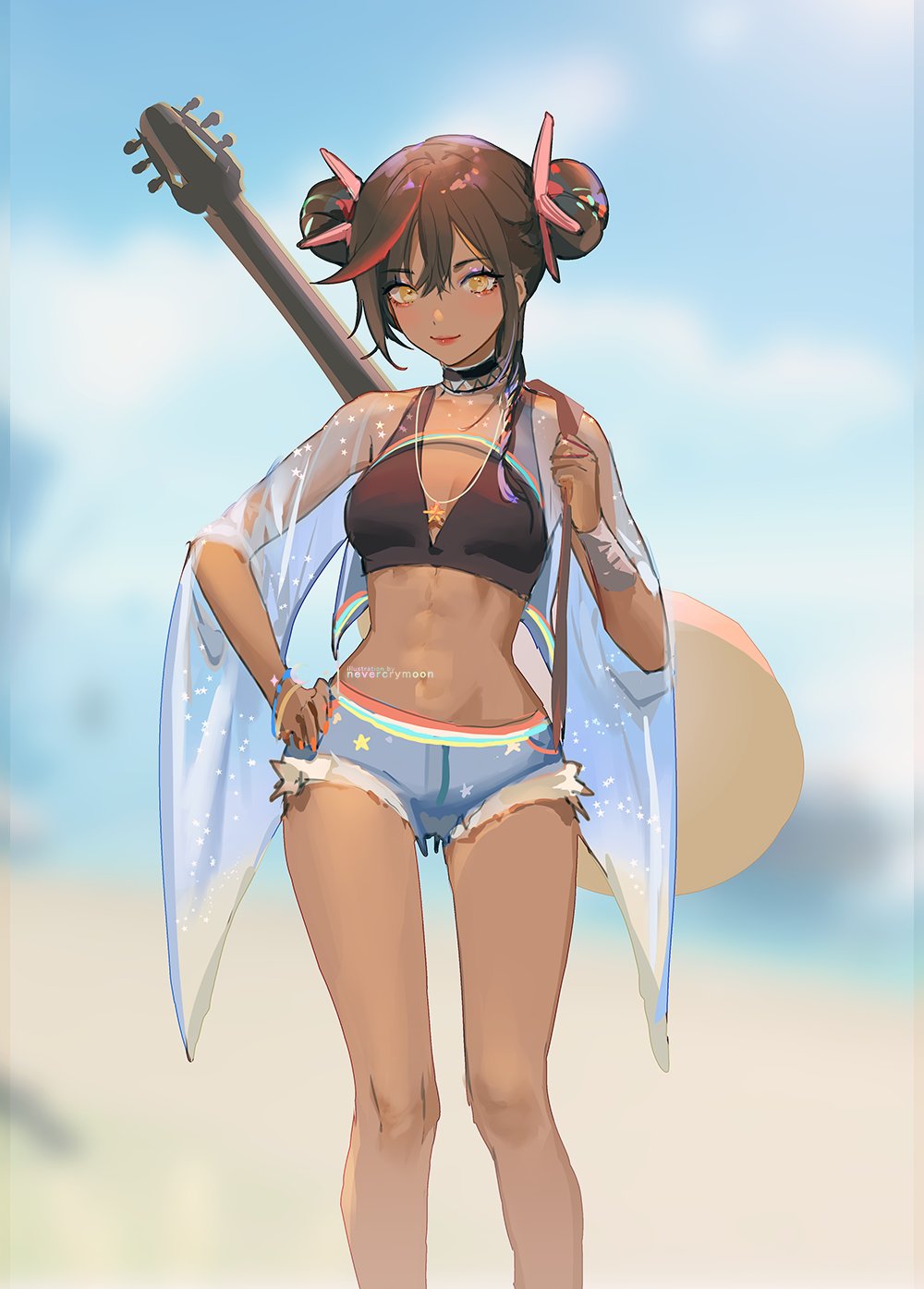 1girl, banjo, black_hair, blue_shorts, blurry, blurry_background, commentary, cutoffs, dark-skinned_female, dark_skin, denim, denim_shorts, depth_of_field, double_bun, english_commentary, genshin_impact, hair_ornament, hand_on_hip, highres, instrument, jewelry, looking_at_viewer, navel, necklace, nevercrymoon, outdoors, see-through, short_shorts, shorts, smile, solo, standing, toned, xinyan_(genshin_impact), yellow_eyes