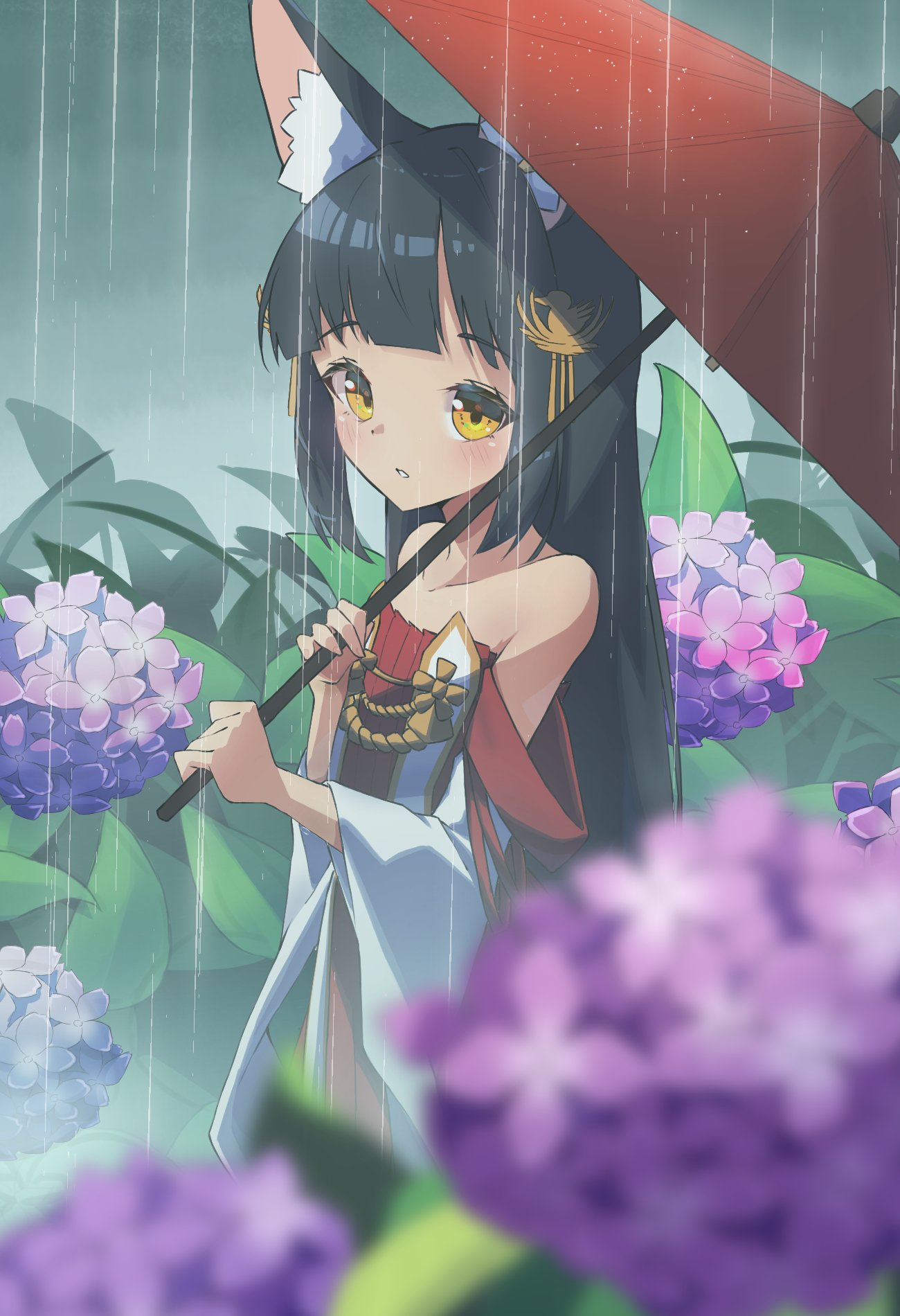 1girl, animal_ears, azur_lane, bangs, bare_shoulders, black_hair, blunt_bangs, blurry