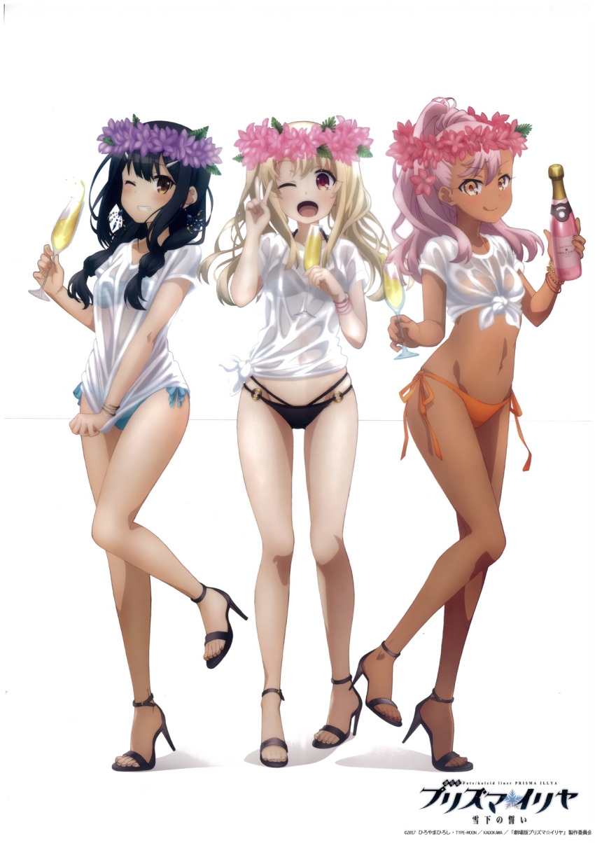 3girls, alcohol, bikini, black_hair, blonde_hair, chloe_von_einzbern, color_issue, cup