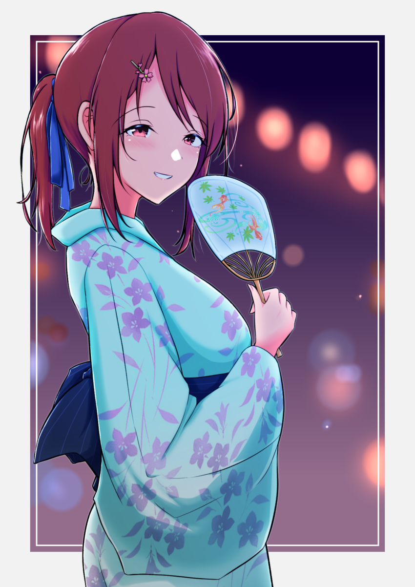 1girl, absurdres, blue_kimono, blue_ribbon, blush, border, brown_eyes, brown_hair, commentary_request, floral_print, grey_border, grin, hair_ribbon, hand_fan, highres, holding, holding_fan, idolmaster, idolmaster_cinderella_girls, japanese_clothes, kimono, looking_at_viewer, mifune_miyu, motodouryou, print_kimono, ribbon, short_ponytail, smile, solo, yukata