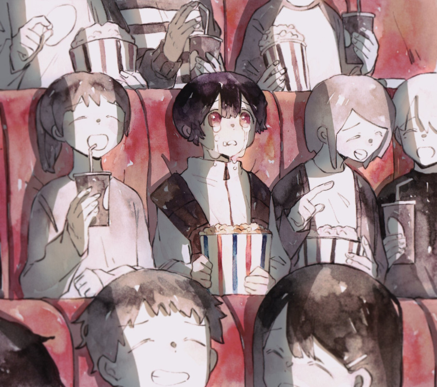 3boys, 3girls, 4others, bangs, black_hair, clenched_hand, closed_eyes, commentary