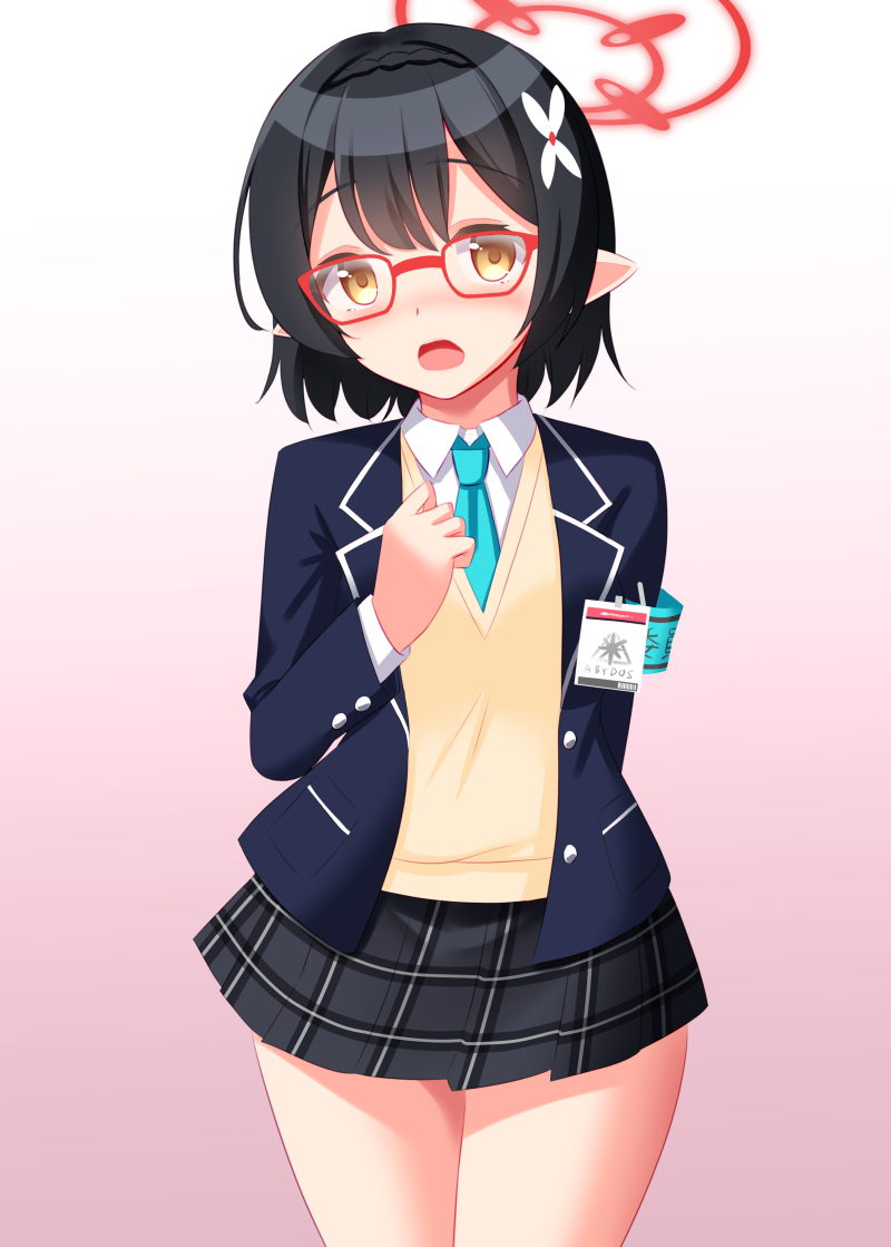 1girl, armband, ayane_(blue_archive), black_hair, blue_archive, blush, glasses, hair_ornament