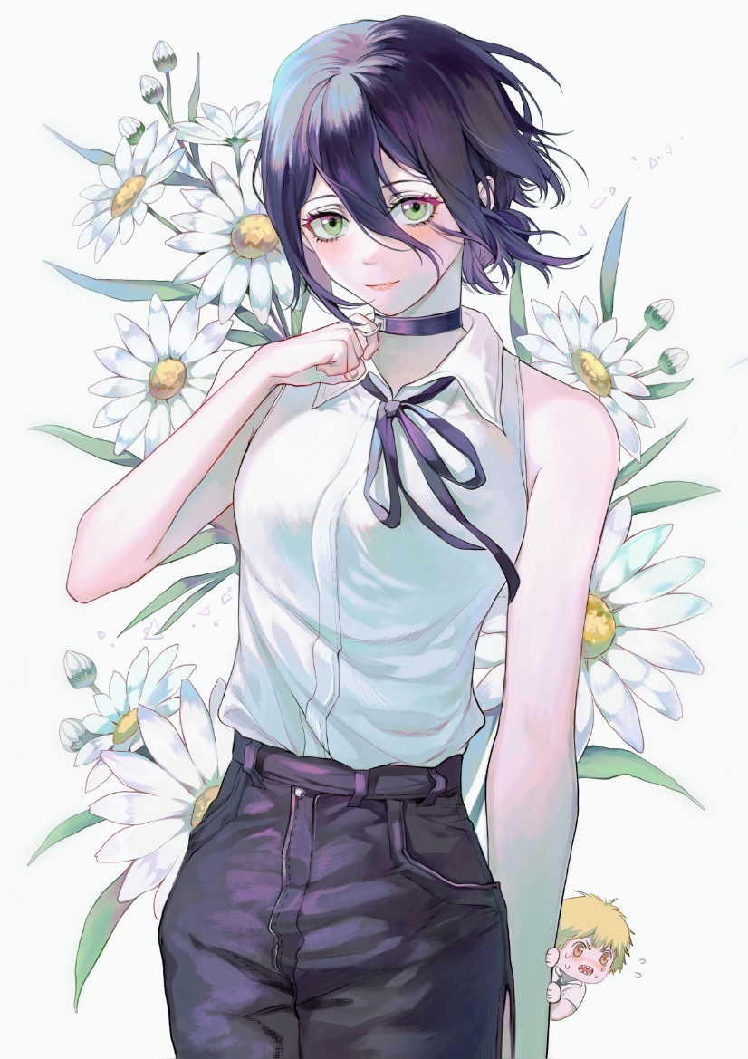 1boy, 1girl, bai_xin, black_choker, black_hair, black_neckwear, black_ribbon, black_shorts