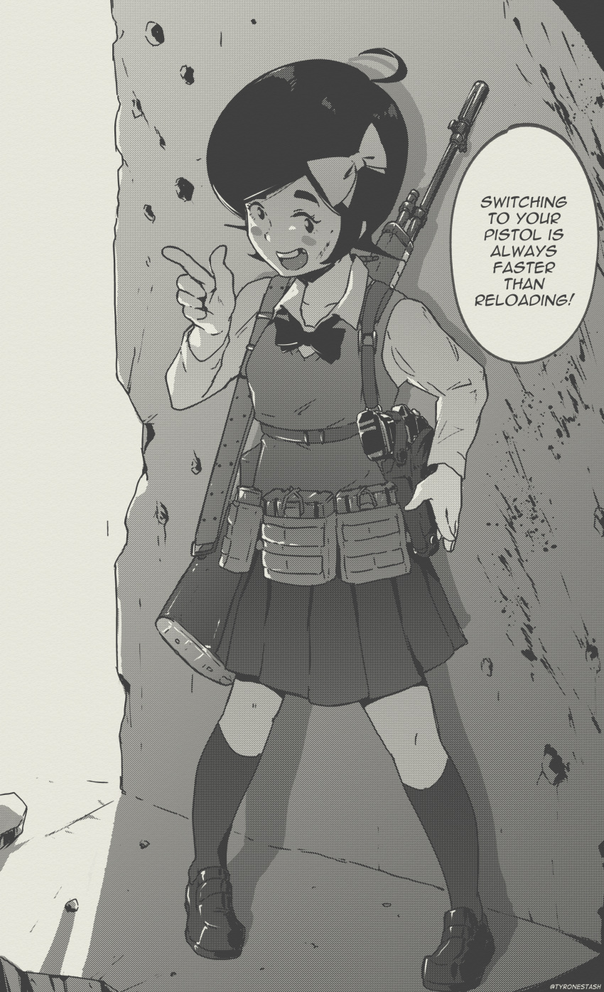:d, battle_rifle, black_hair, blush_stickers, bow, bowtie, breasts, bullet_hole