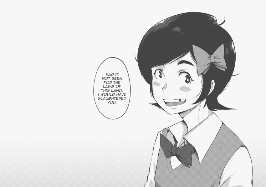13.30_kaba_church, blush_stickers, bow, bowtie, collared_shirt, english_text, gradient, gradient_background, greyscale, hair_bow, highres, holly_(tyrone), meme, monochrome, open_mouth, original, shirt, short_hair, smile, speech_bubble, tooth_gap, tyrone, upper_body, upper_teeth, vest