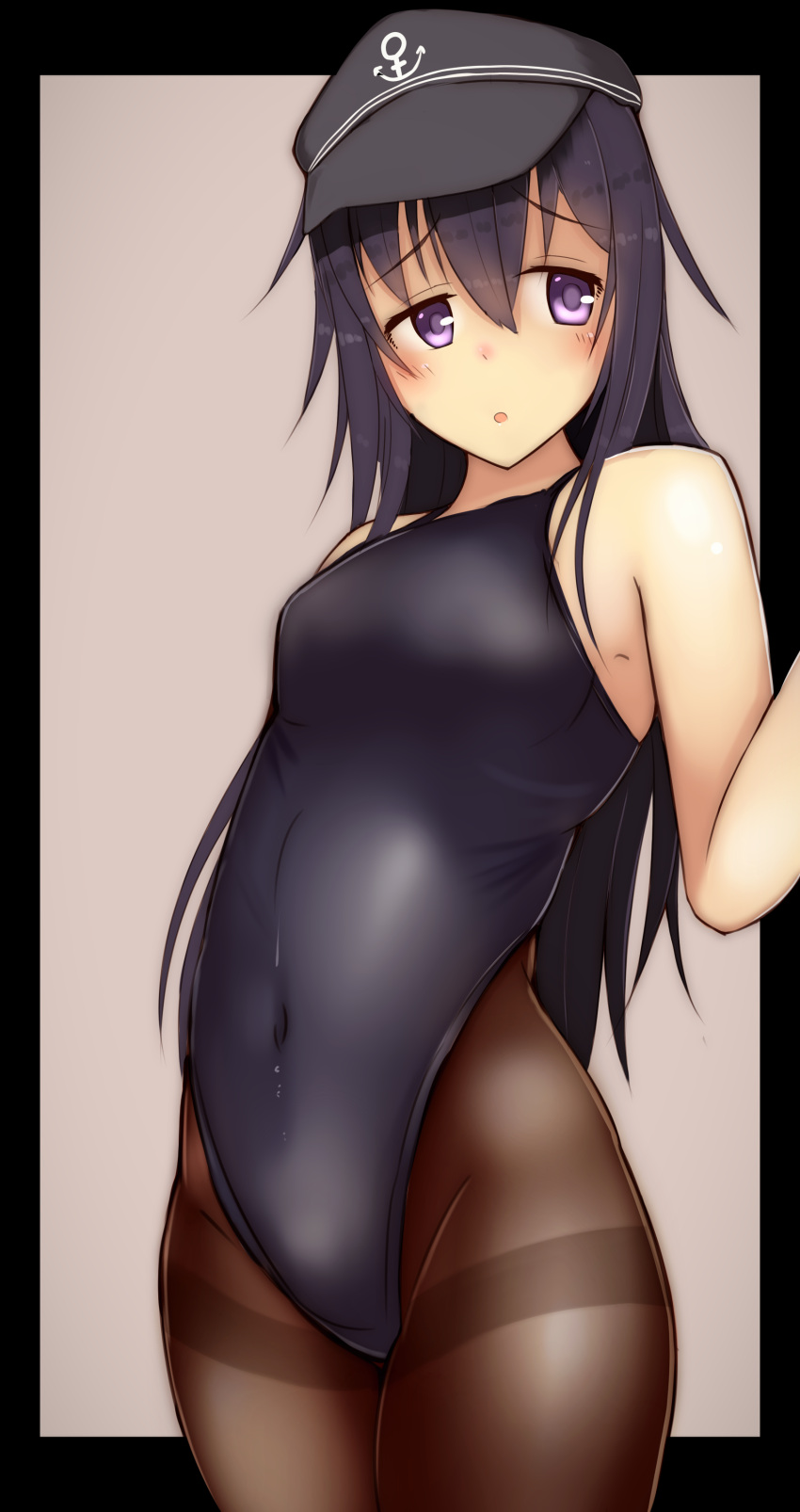 1girl, absurdres, akatsuki_(kancolle), anchor_symbol, bare_arms, bare_shoulders, black_headwear, black_legwear