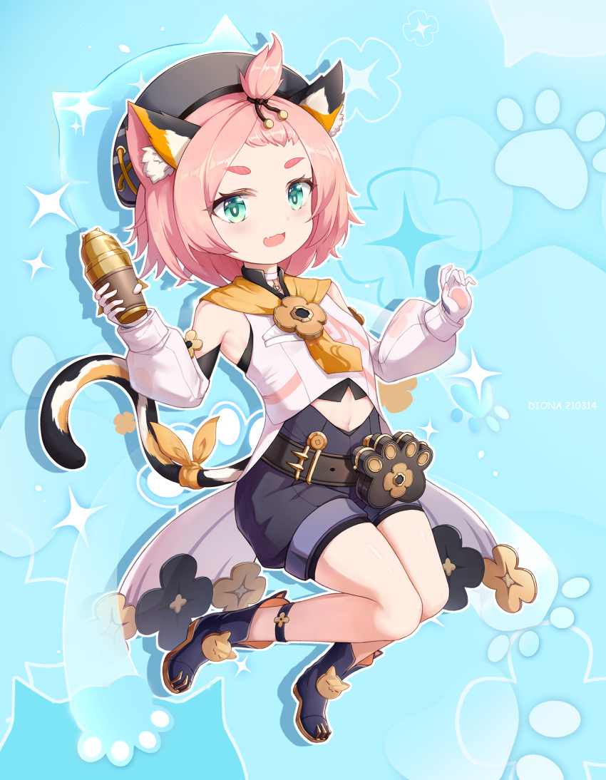 1girl, :d, absurdres, animal_ears, animal_print, aqua_background, bangs_pinned_back, black_footwear