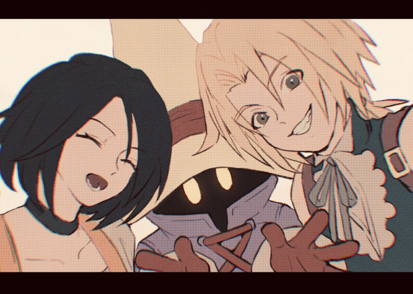 1girl, 2boys, azukimomonaka, black_hair, blonde_hair, choker, final_fantasy, final_fantasy_ix