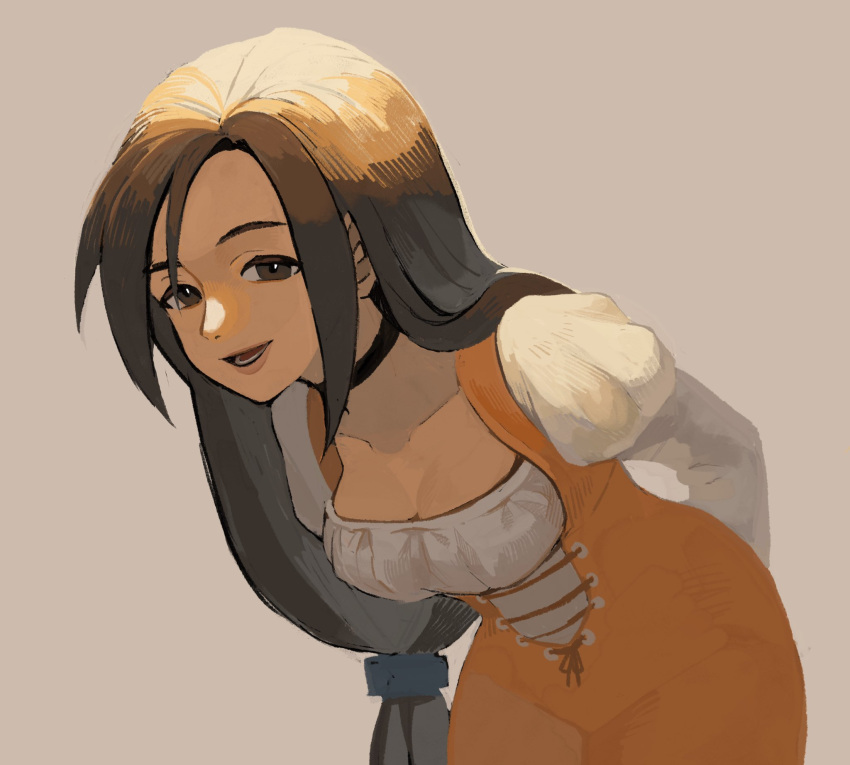 1girl, azukimomonaka, bodysuit, breasts, brown_eyes, brown_hair, choker, final_fantasy, final_fantasy_ix, garnet_til_alexandros_xvii, highres, long_hair, looking_at_viewer, low-tied_long_hair, open_mouth, orange_bodysuit, simple_background, smile, solo