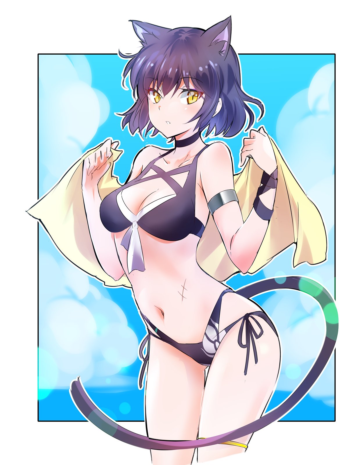 1girl, animal_ears, beach_towel, bikini, black_hair, blake_belladonna, border, breasts