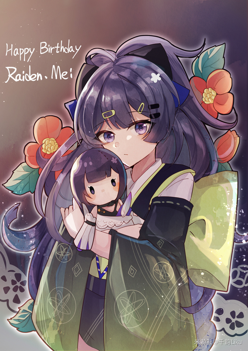 1girl, bangs, black_kimono, closed_mouth, doll, doll_hug, flower, hair_between_eyes