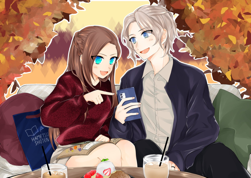 1boy, 1girl, 3so4ru5959, alternate_hairstyle, asymmetrical_legwear, autumn_leaves, bad_id, bad_twitter_id