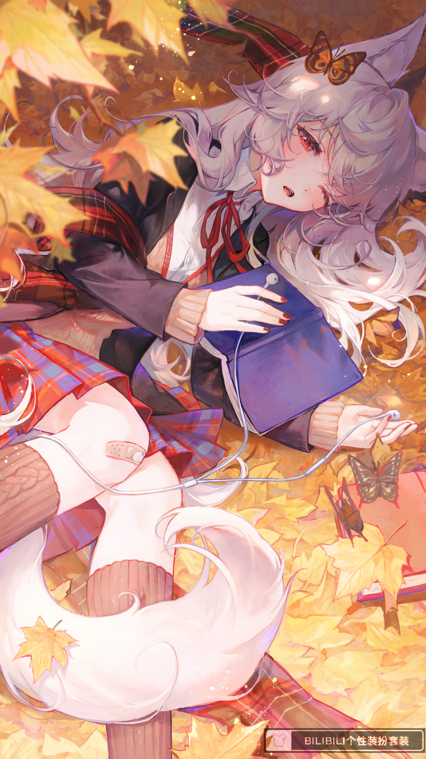 1girl, absurdres, animal_ears, autumn_leaves, bandaid, bandaid_on_knee, bandaid_on_leg, bangs, black_jacket, book, bug, butterfly, character_request, checkered, checkered_skirt, collared_shirt, earphones, earphones, eyebrows_visible_through_hair, feet_out_of_frame, from_above, highres, insect, jacket, leaf, long_hair, looking_at_viewer, lying, maccha_(mochancc), meumy, neck_ribbon, on_side, one_eye_closed, open_book, open_clothes, open_mouth, pleated_skirt, red_eyes, red_nails, red_ribbon, ribbon, shirt, skirt, sleeves_past_wrists, socks, solo, tail, white_hair, white_shirt