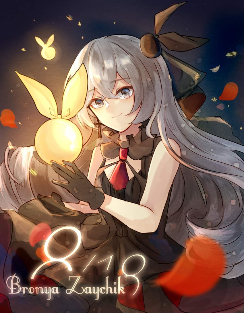 1girl, bangs, black_dress, black_gloves, bronya_zaychik, character_name, closed_mouth, dress