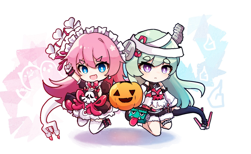 2girls, :d, bag, bangs, blue_eyes, chibi, closed_mouth, full_body