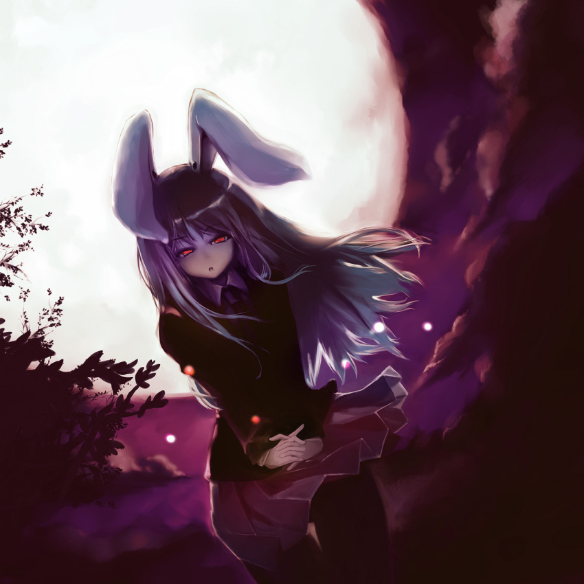 bunny_ears, from_below, full_moon, glowing, glowing_eyes, hands_clasped, highres, kanihira, long_hair, moon, necktie, night, pantyhose, purple, red_eyes, reisen, reisen_udongein_inaba, skirt, touhou, uniform, usagimimi