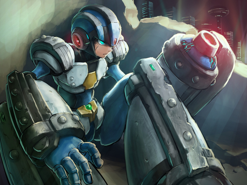 1boy, android, arm_cannon, armor, blue_eyes, blue_gloves, blue_headwear, building