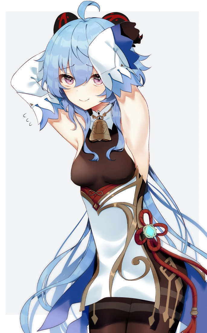 ahoge, armpits, bangs, bare_shoulders, bell, black_gloves, black_legwear, blue_hair
