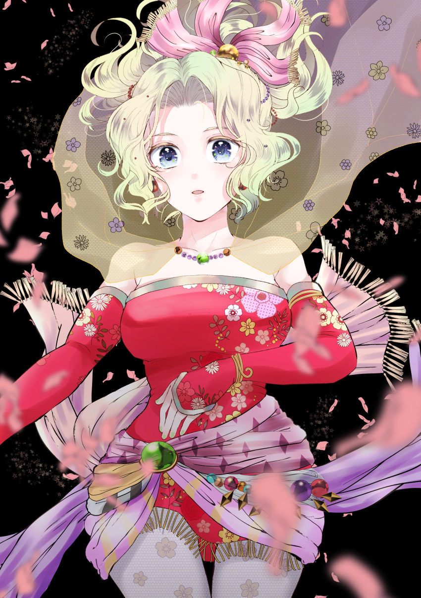 1girl, absurdres, bare_shoulders, blue_eyes, bow, breasts, c-diamond, cape, detached_sleeves, dress, earrings, final_fantasy, final_fantasy_vi, green_hair, highres, jewelry, long_hair, looking_at_viewer, nail_polish, open_mouth, pantyhose, ponytail, ribbon, solo, tina_branford