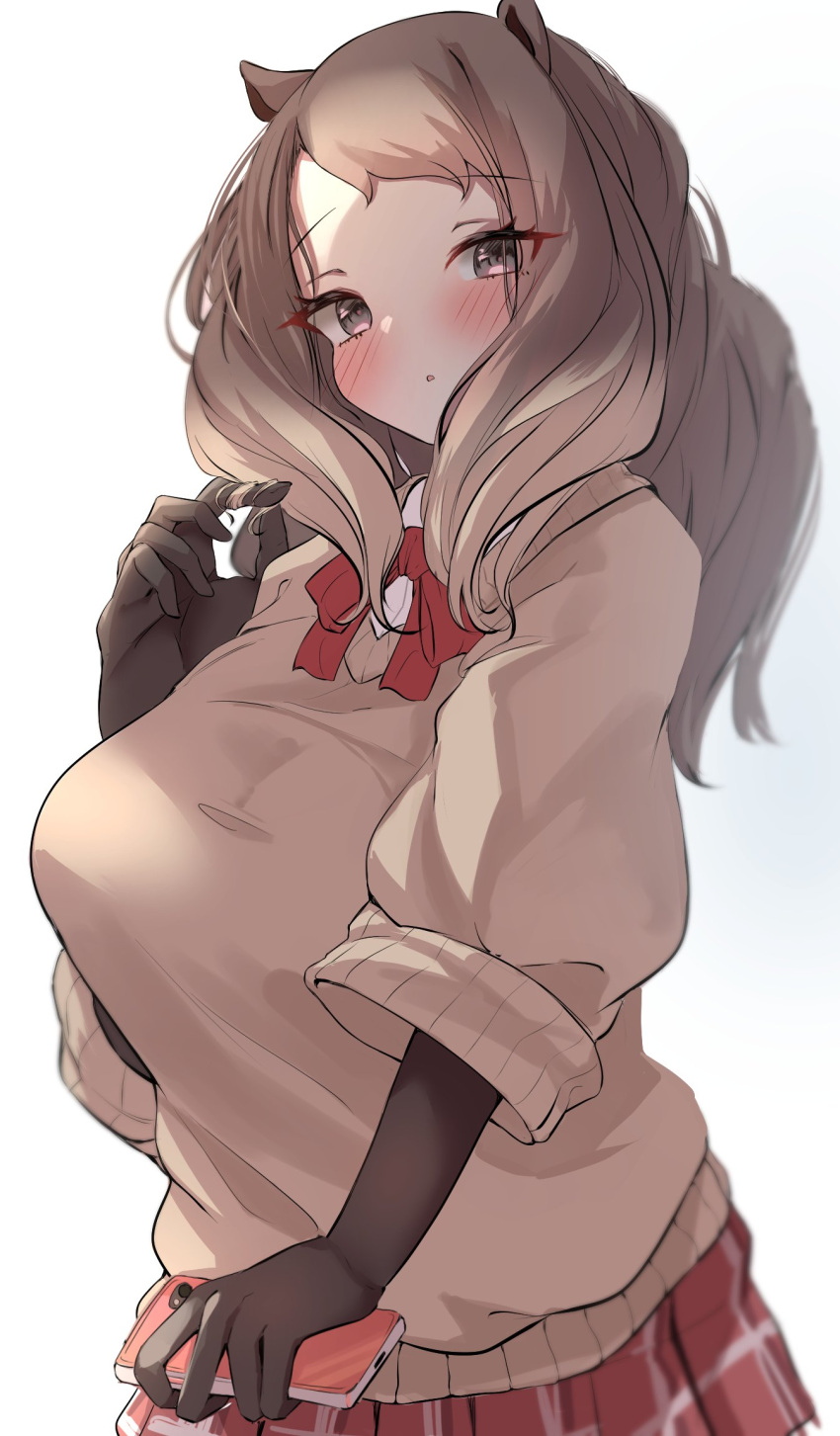 1girl, alpine_marmot_(kemono_friends), animal_ears, bangs, blush, bow, bowtie, brown_eyes, brown_hair, buchibussei, cellphone, elbow_gloves, eyebrows_visible_through_hair, eyelashes, eyes_visible_through_hair, gloves, hair_twirling, hand_up, head_tilt, highres, holding, holding_phone, kemono_friends, light_brown_hair, long_hair, looking_at_viewer, miniskirt, multicolored_hair, parted_lips, phone, playing_with_own_hair, pleated_skirt, simple_background, skirt, smartphone, solo, sweater, swept_bangs, two-tone_hair, white_background