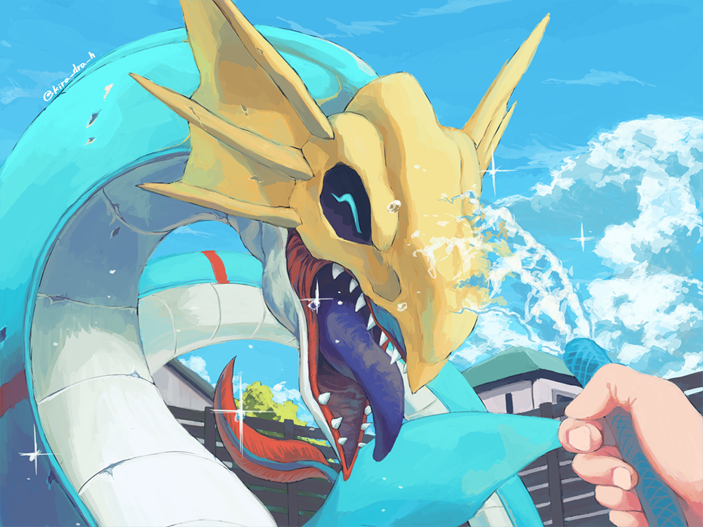 :d, ^_^, blue_sky, closed_eyes, clouds, colored_tongue, commentary_request, day, digimon, digimon_(creature), dragon, happy, holding, holding_hose, hose, house, kira_(kira_dra), open_mouth, out_of_frame, pov, seadramon, sharp_teeth, sky, smile, solo_focus, sparkle, teeth, tongue, tongue_out, twitter_username, upper_body, water