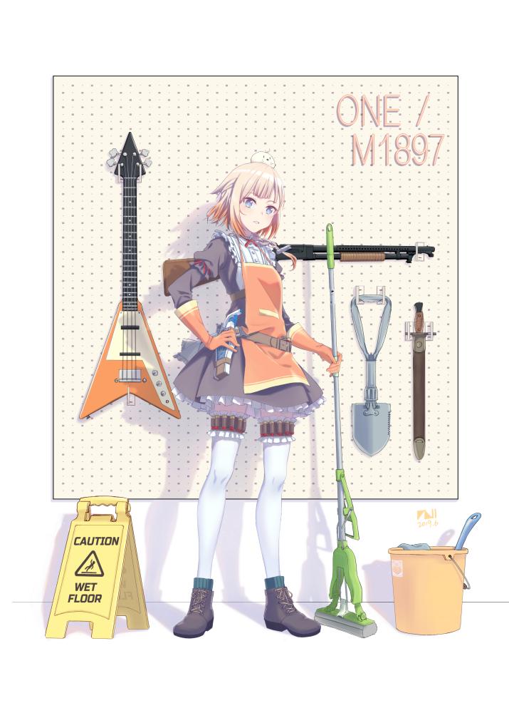 1girl, apron, bayonet, blonde_hair, blue_eyes, boots, bottle, bucket