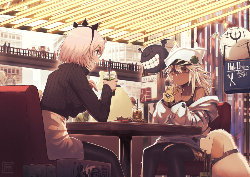2girls, aria_(guilty_gear), black_legwear, black_tank_top, burger, clover, cup, dark-skinned_female