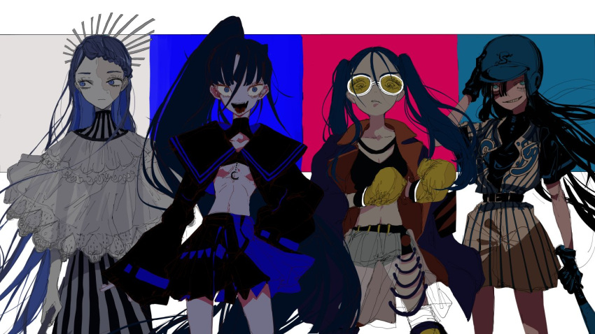 4girls, ado_(singer), bangs, baseball_bat, baseball_helmet, baseball_uniform, bikini, bikini_top, black_hair, black_serafuku, blue_eyes, blue_hair, blue_headwear, boxing_gloves, breasts, clenched_teeth, closed_mouth, dress, fang, gira_gira, gloves, goggles, hair_between_eyes, helmet, holding, kaaaa369, long_hair, multiple_girls, odo_(song), open_mouth, ponytail, readymade, sailor_collar, school_uniform, serafuku, shorts, simple_background, small_breasts, sportswear, striped, swimsuit, teeth, twintails, usseewa, very_long_hair