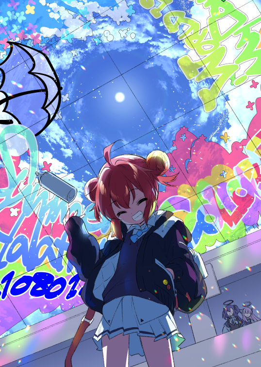 3girls, ahoge, blue_archive, closed_eyes, clouds, commentary_request, double_bun, english_text