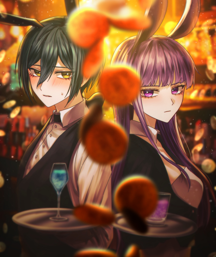 1boy, 1girl, animal_ears, bangs, black_bow, black_hair, black_jacket, black_vest