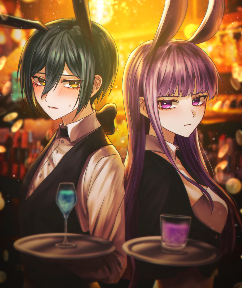 1boy, 1girl, animal_ears, bangs, black_bow, black_hair, black_jacket, black_vest
