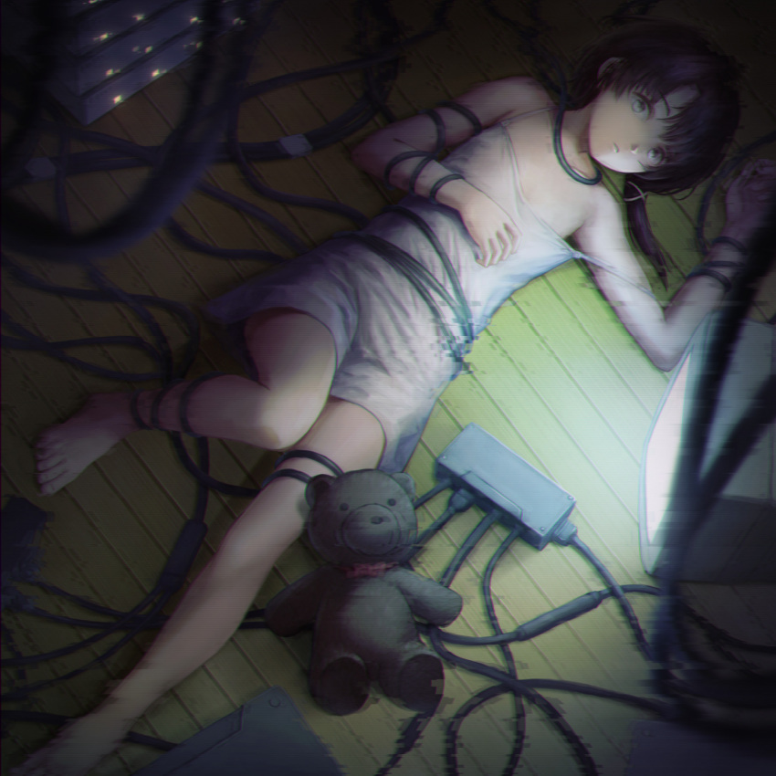1girl, asymmetrical_hair, bangs, barefoot, brown_eyes, brown_hair, cable, chemise