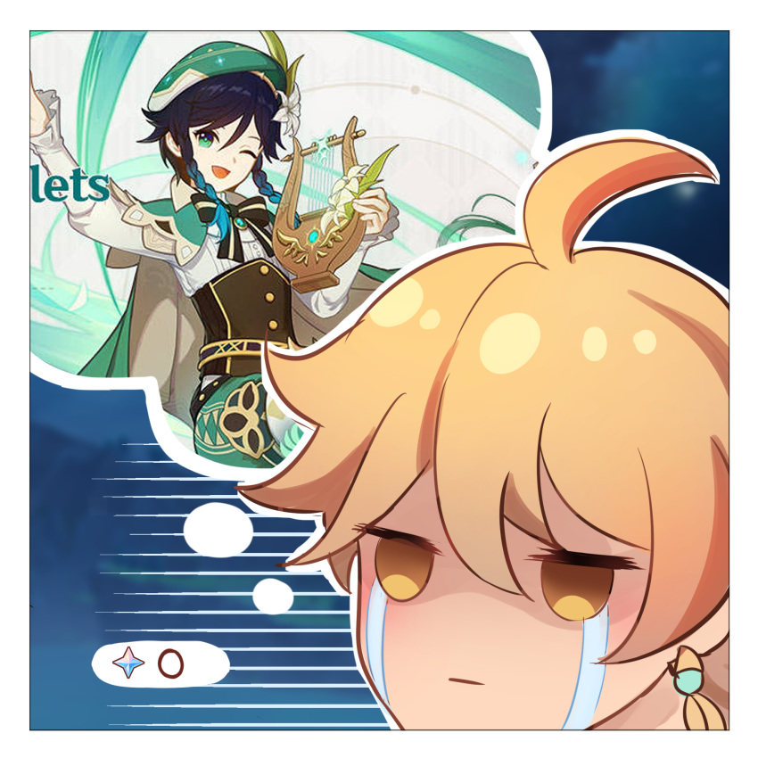 2boys, ;d, aether_(genshin_impact), ahoge, bangs, black_hair, braid, brown_eyes