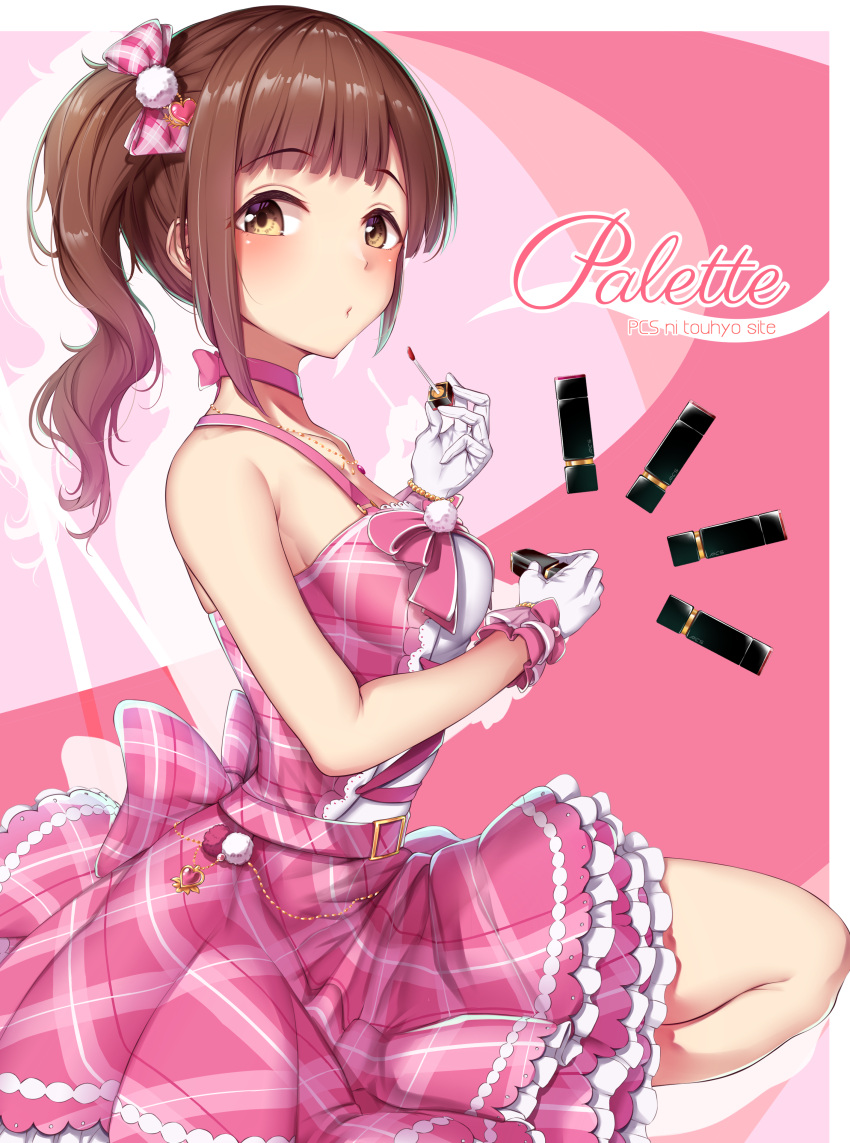 1girl, :o, absurdres, bare_shoulders, blush, bow, breasts, brown_eyes