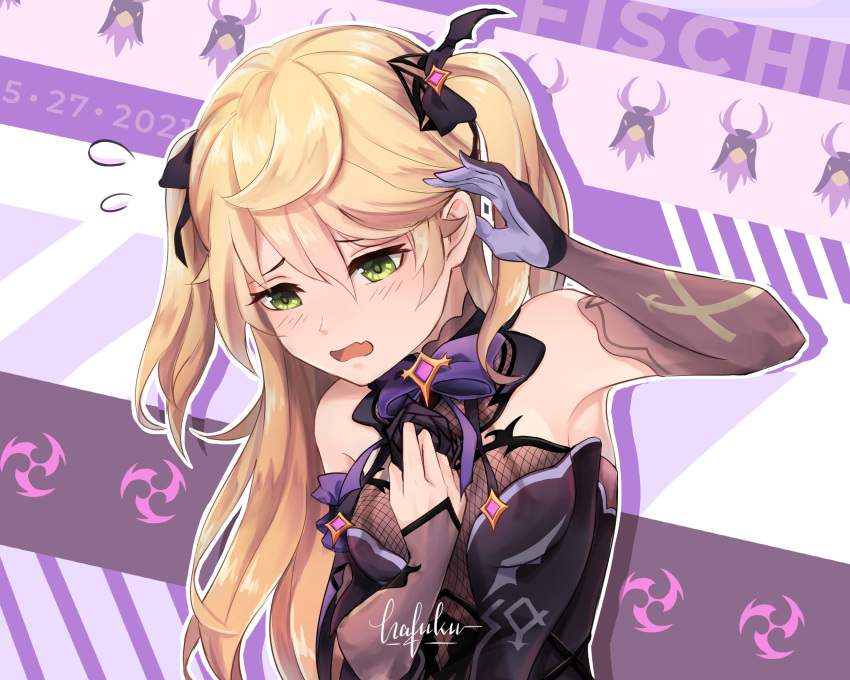 1girl, absurdres, adjusting_hair, armpits, asymmetrical_sleeves, bangs, blush, bow