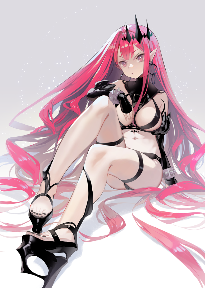 1girl, bangs, bare_shoulders, black_panties, bracelet, breasts, bridal_gauntlets, detached_sleeves