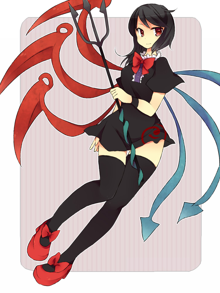 black_hair, black_legwear, black_thighhighs, houjuu_nue, ika, polearm, red_eyes, short_hair