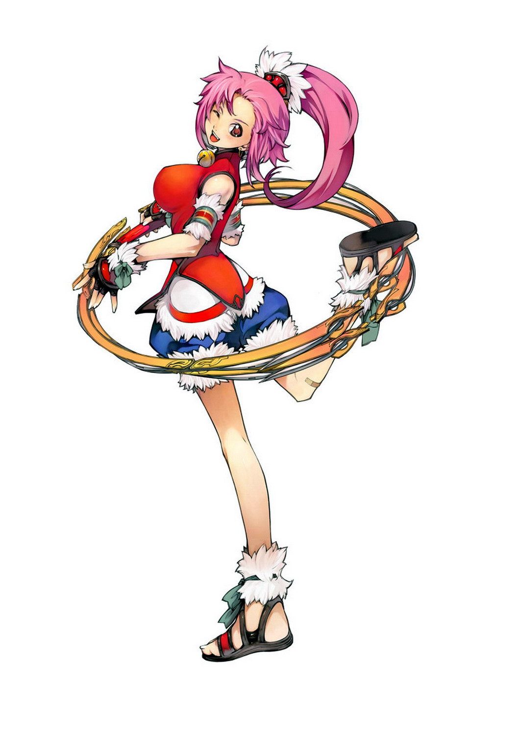 breasts, etward_deisler, fingerless_gloves, gloves, gust, highres, large_breasts, looking_back, mana_khemia, mana_khemia_2, official_art, open_mouth, pink_hair, ponytail, sandals, smile, standing_on_one_leg, weapon, wink, yoshizumi_kazuyuki