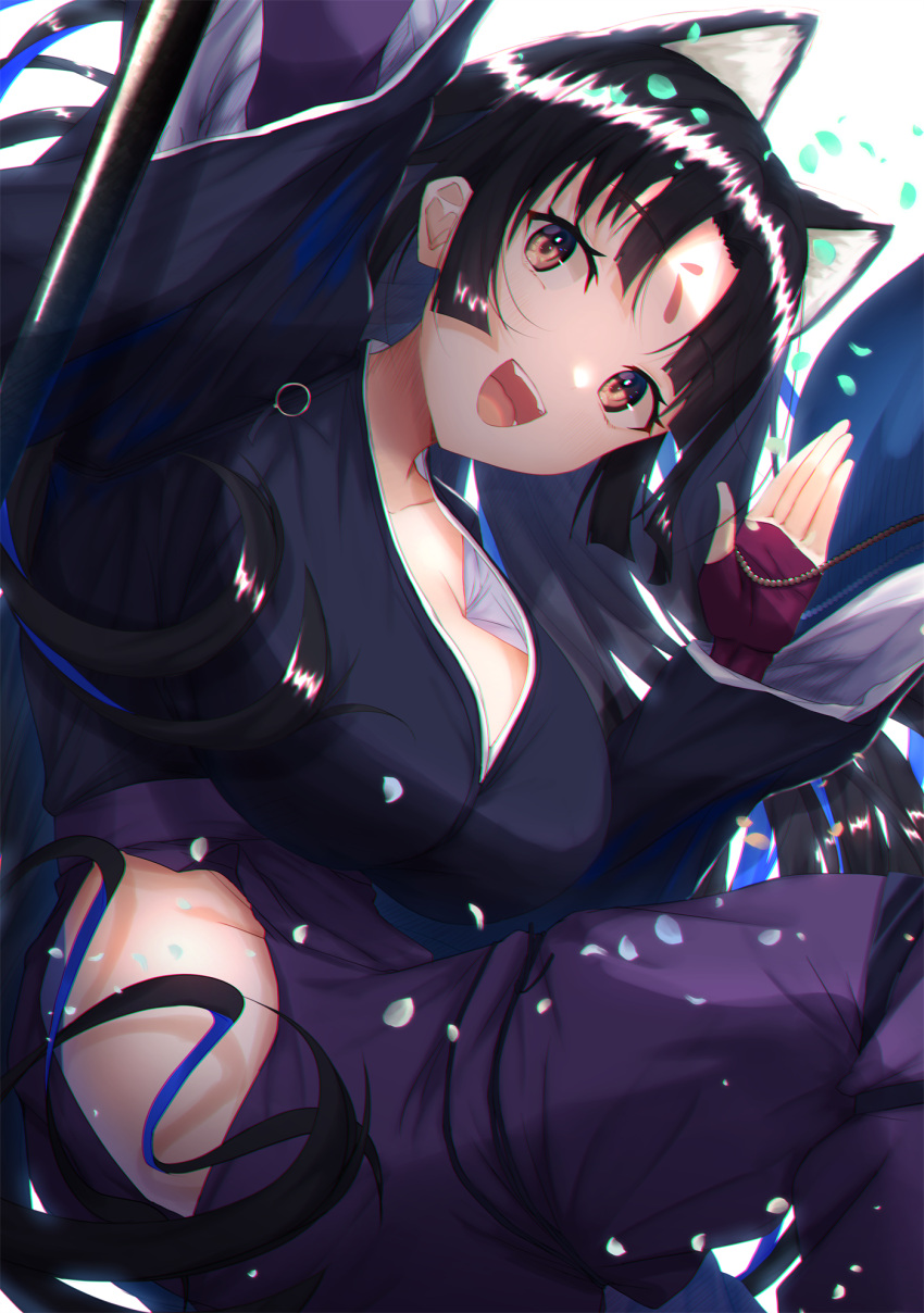 1girl, animal_ears, arknights, bangs, beads, black_hair, blunt_bangs, breasts