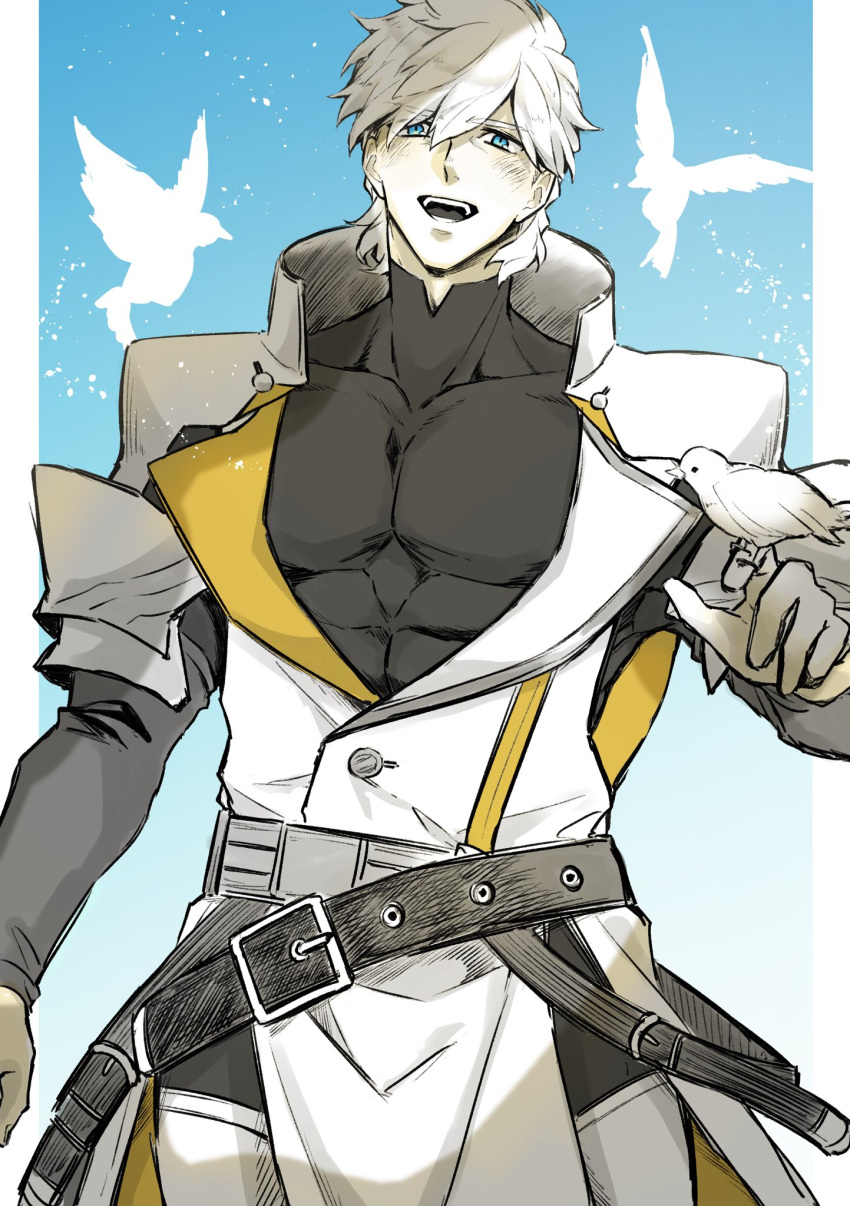 1boy, animal, belt, bird, bird_on_hand, blue_eyes, commentary, covered_collarbone